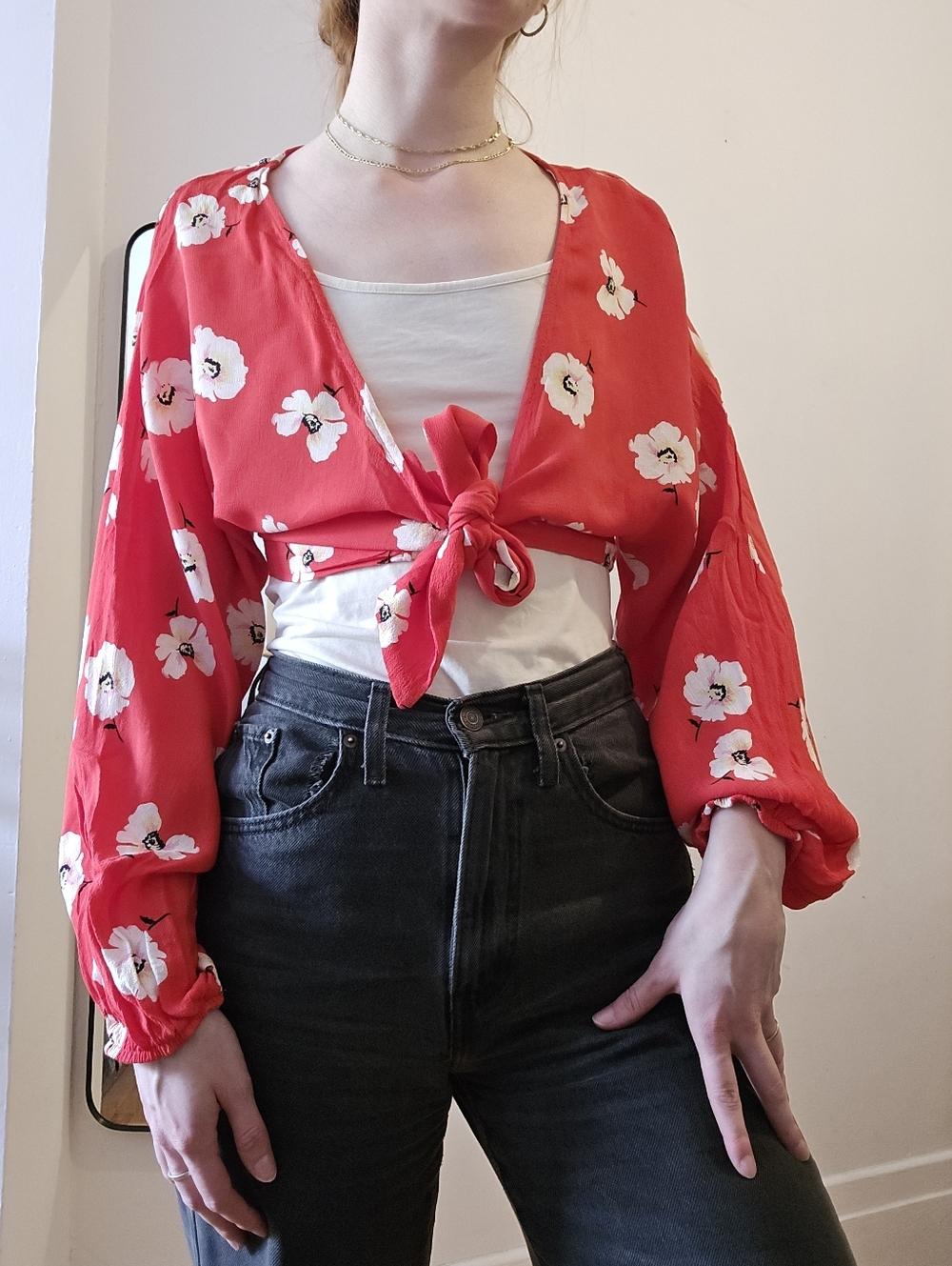 Bershka Red Floral Tie-Front Blouse